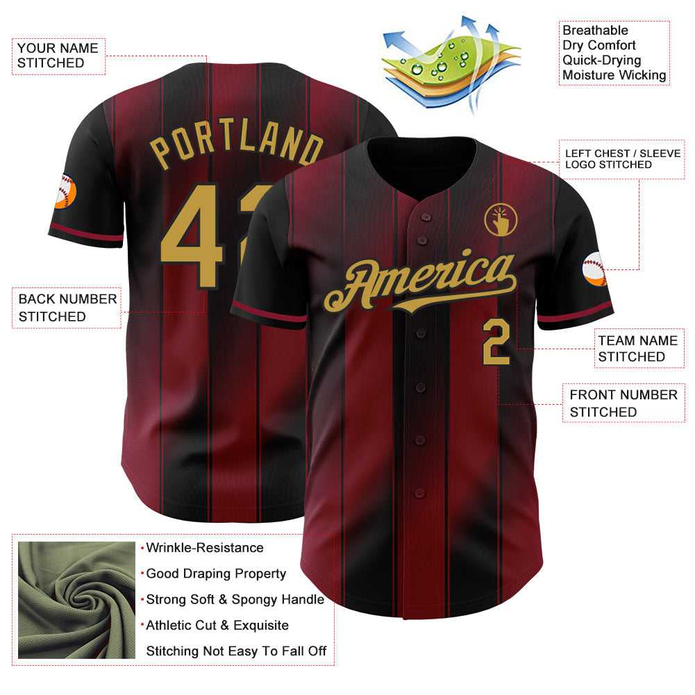 Custom Black Old Gold-Crimson Gradient Classic Vertical Stripe Authentic Baseball Jersey