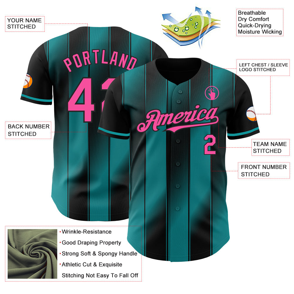 Custom Black Pink-Teal Gradient Classic Vertical Stripe Authentic Baseball Jersey
