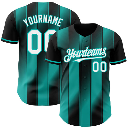 Custom Black White-Aqua Gradient Classic Vertical Stripe Authentic Baseball Jersey