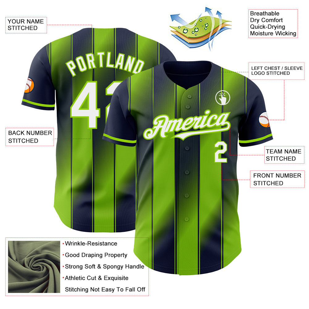 Custom Navy White-Neon Green Gradient Classic Vertical Stripe Authentic Baseball Jersey