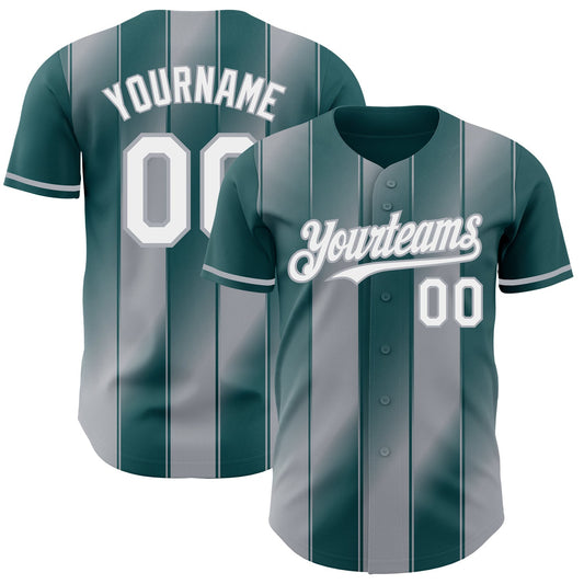 Custom Midnight Green White-Gray Gradient Classic Vertical Stripe Authentic Baseball Jersey