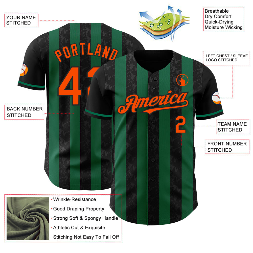 Custom Black Orange-Kelly Green Classic Vertical Stripe Fluid Liquid Texture Authentic Baseball Jersey