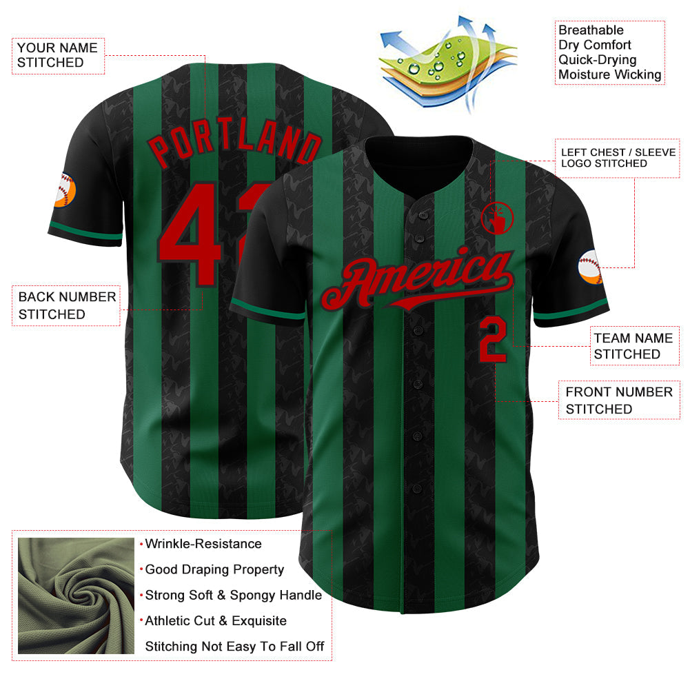 Custom Black Red-Kelly Green Classic Vertical Stripe Fluid Liquid Texture Authentic Baseball Jersey