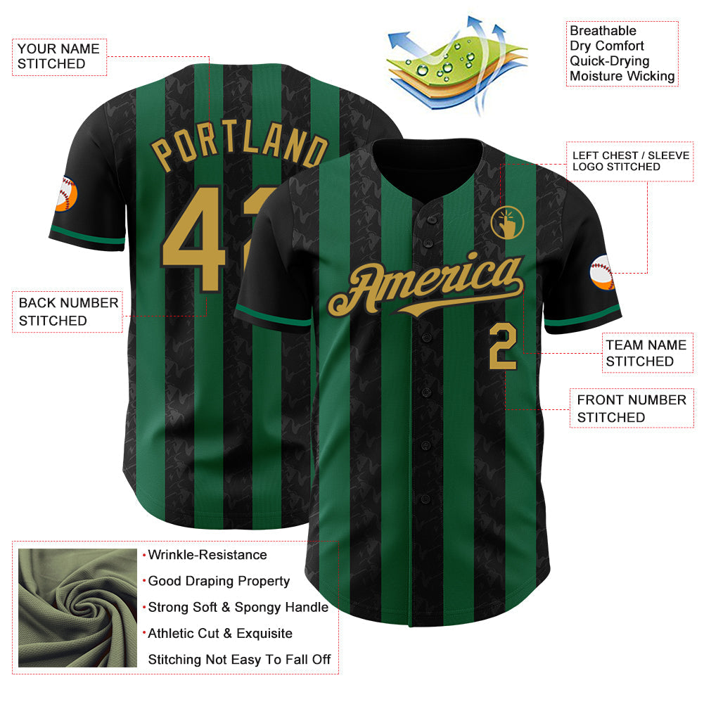 Custom Black Old Gold-Kelly Green Classic Vertical Stripe Fluid Liquid Texture Authentic Baseball Jersey