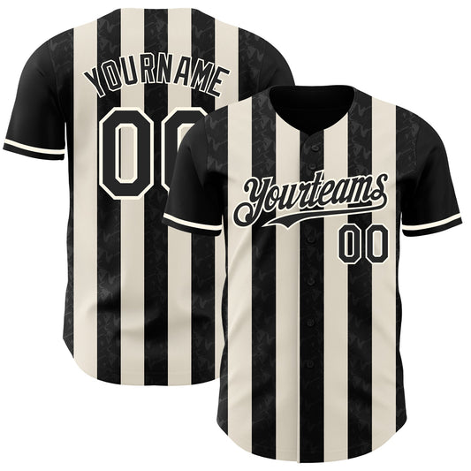 Custom Black Cream-Cream Classic Vertical Stripe Fluid Liquid Texture Authentic Baseball Jersey
