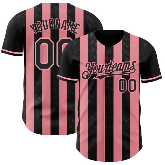 Custom Black-Medium Pink Classic Vertical Stripe Fluid Liquid Texture Authentic Baseball Jersey