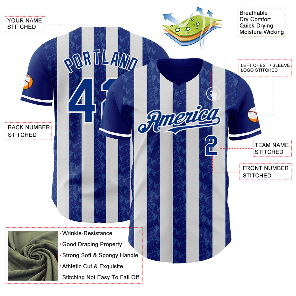 Custom Royal-White Classic Vertical Stripe Fluid Liquid Texture Authentic Baseball Jersey