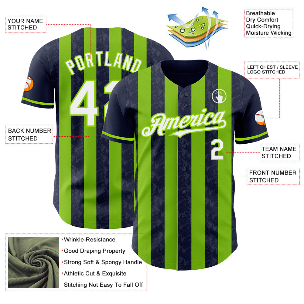 Custom Navy White-Neon Green Classic Vertical Stripe Fluid Liquid Texture Authentic Baseball Jersey