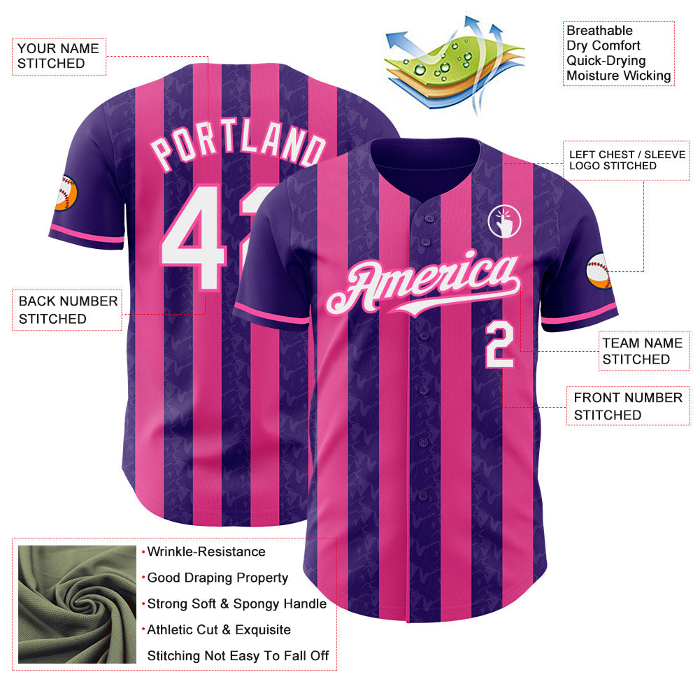 Custom Purple White-Pink Classic Vertical Stripe Fluid Liquid Texture Authentic Baseball Jersey