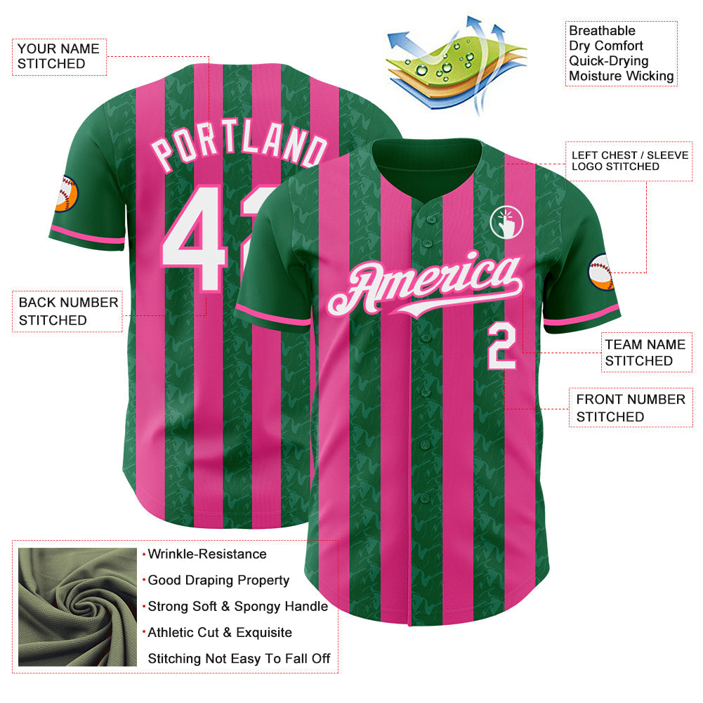 Custom Kelly Green White-Pink Classic Vertical Stripe Fluid Liquid Texture Authentic Baseball Jersey