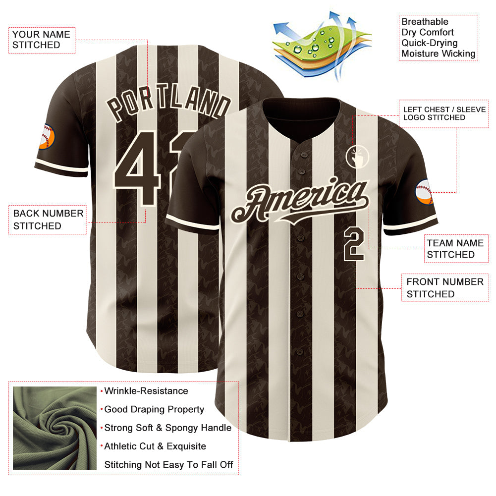 Custom Brown Cream-Cream Classic Vertical Stripe Fluid Liquid Texture Authentic Baseball Jersey