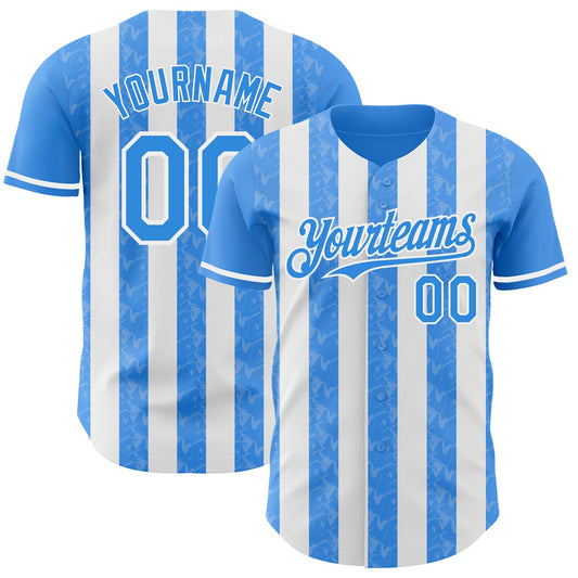 Custom Electric Blue-White Classic Vertical Stripe Fluid Liquid Texture Authentic Baseball Jersey