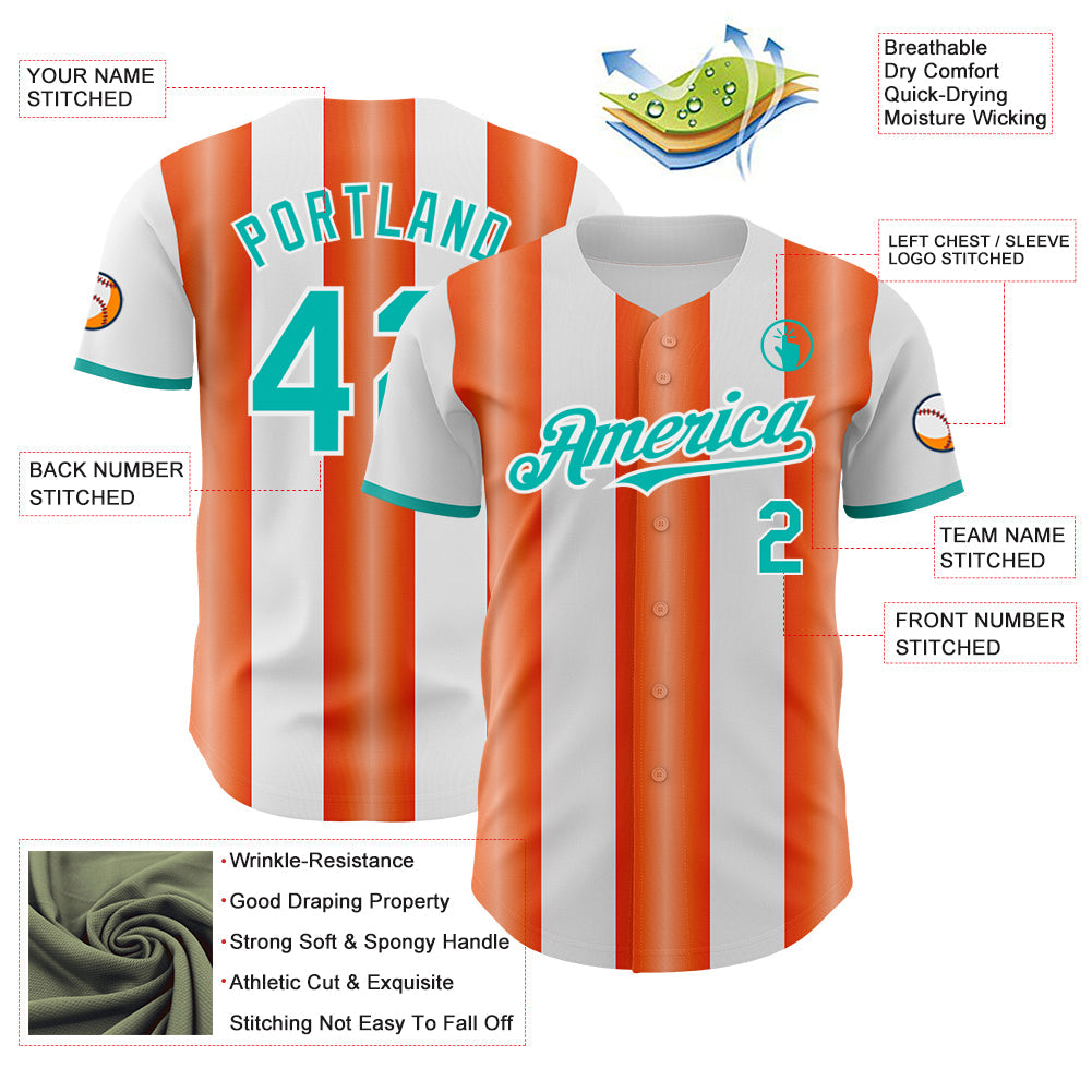 Custom White Aqua-Orange Gradient Vertical Stripe Argentina Style Authentic Baseball Jersey