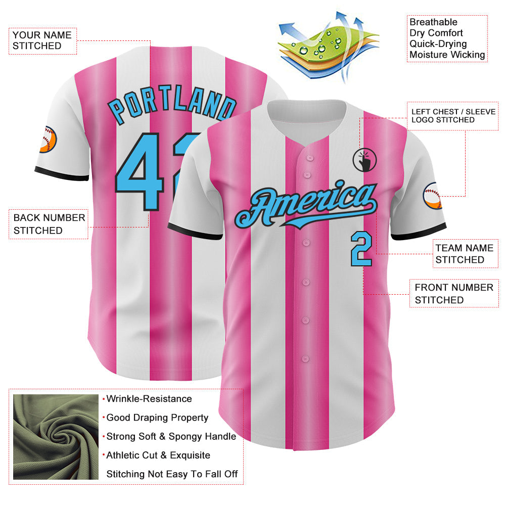 Custom White Sky Blue Pink-Black Gradient Vertical Stripe Argentina Style Authentic Baseball Jersey