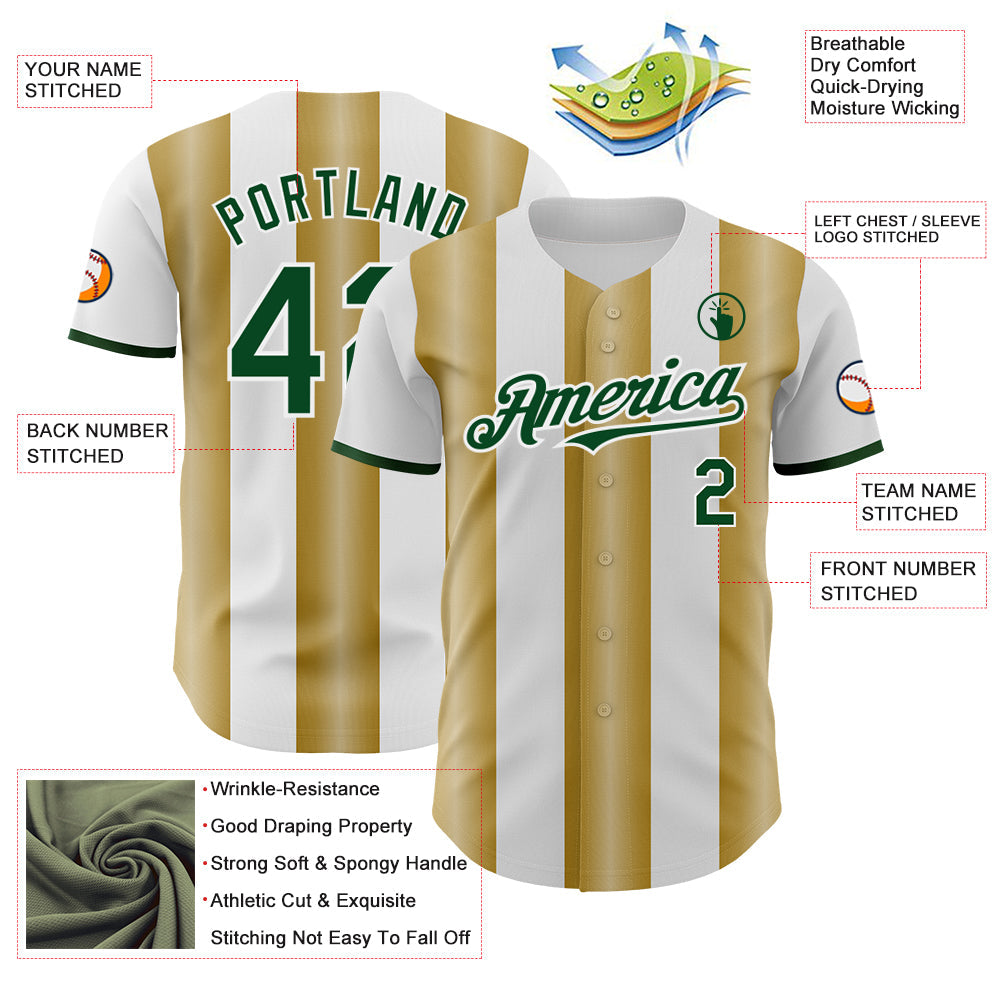 Custom White Green-Old Gold Gradient Vertical Stripe Argentina Style Authentic Baseball Jersey