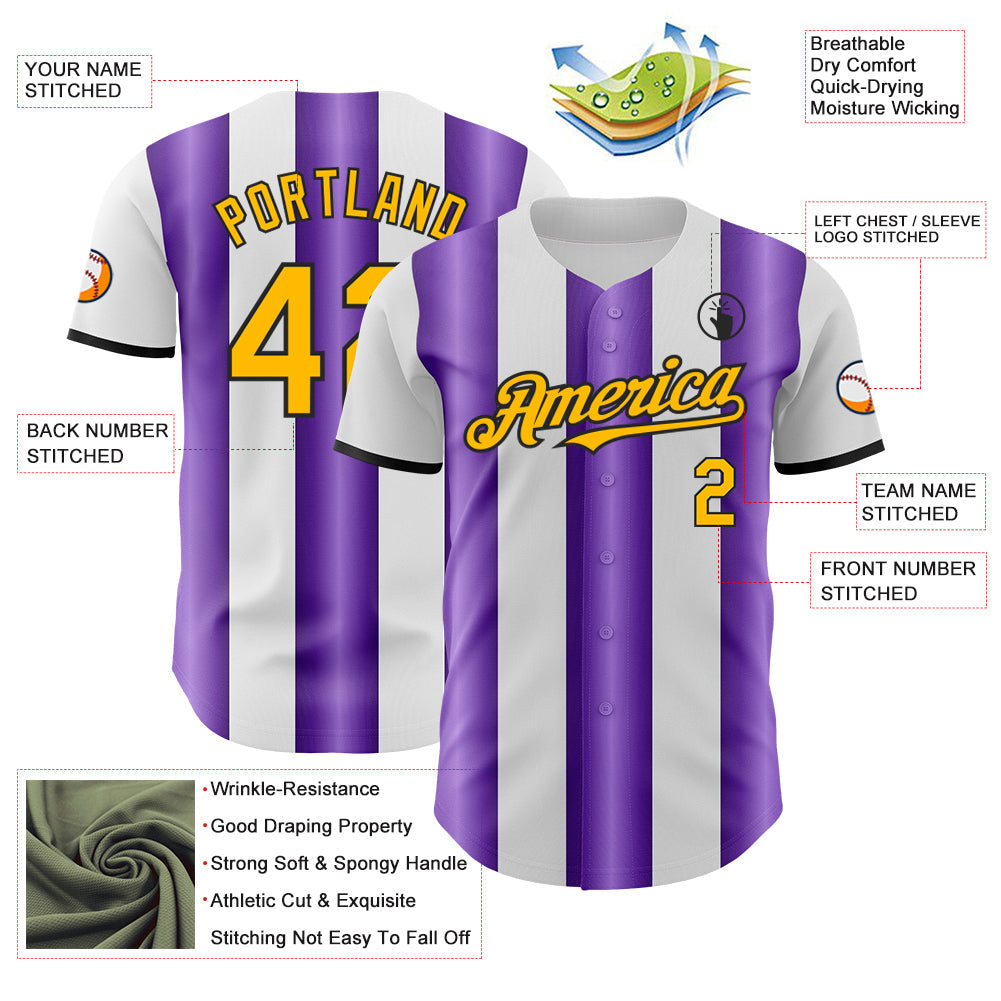 Custom White Gold Purple-Black Gradient Vertical Stripe Argentina Style Authentic Baseball Jersey