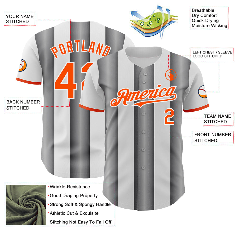 Custom White Orange-Steel Gray Gradient Vertical Stripe Argentina Style Authentic Baseball Jersey