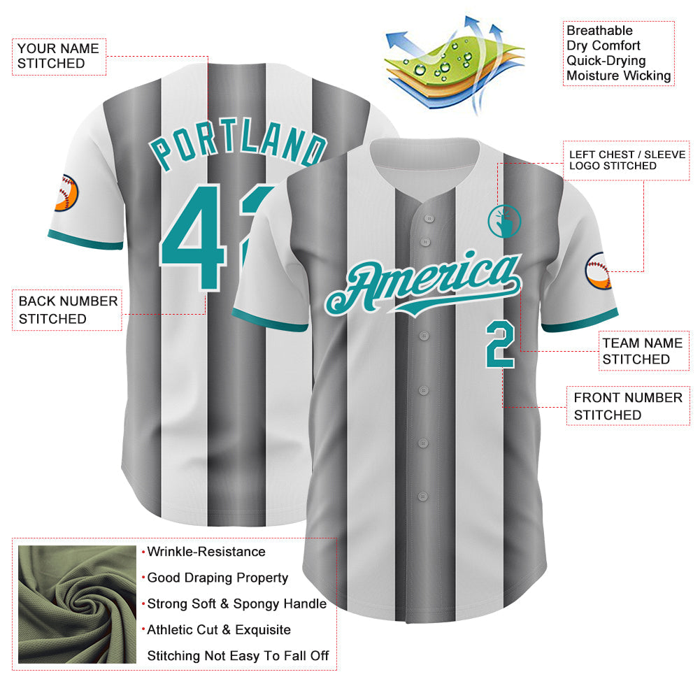 Custom White Teal-Steel Gray Gradient Vertical Stripe Argentina Style Authentic Baseball Jersey