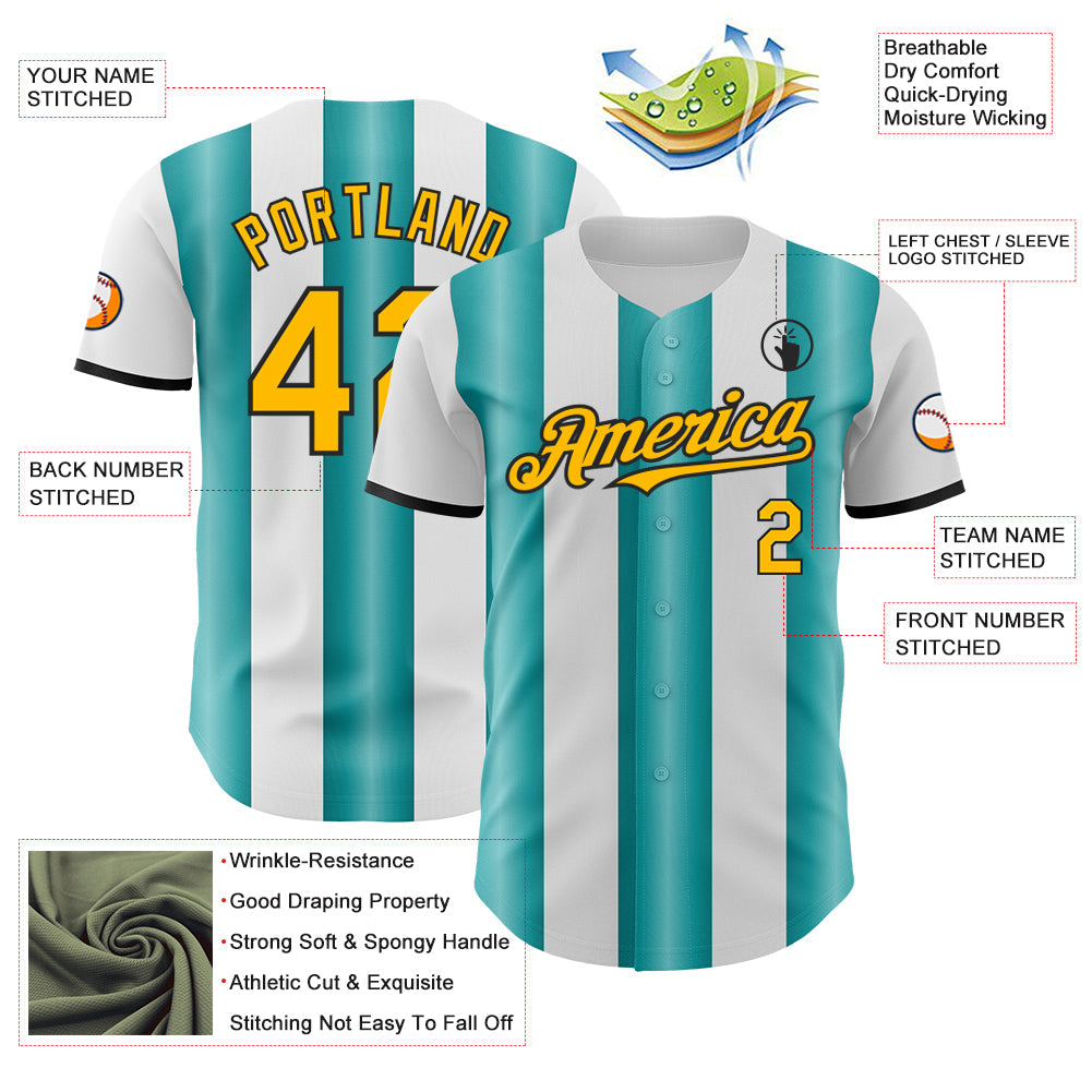 Custom White Gold Teal-Black Gradient Vertical Stripe Argentina Style Authentic Baseball Jersey