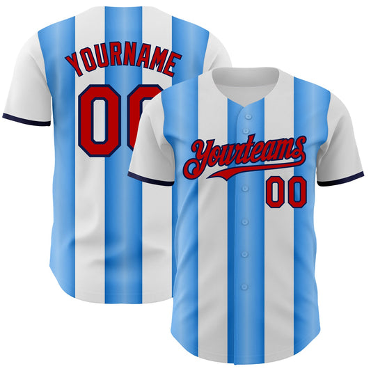 Custom White Red Electric Blue-Navy Gradient Vertical Stripe Argentina Style Authentic Baseball Jersey