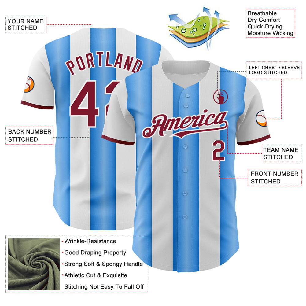 Custom White Crimson-Electric Blue Gradient Vertical Stripe Argentina Style Authentic Baseball Jersey