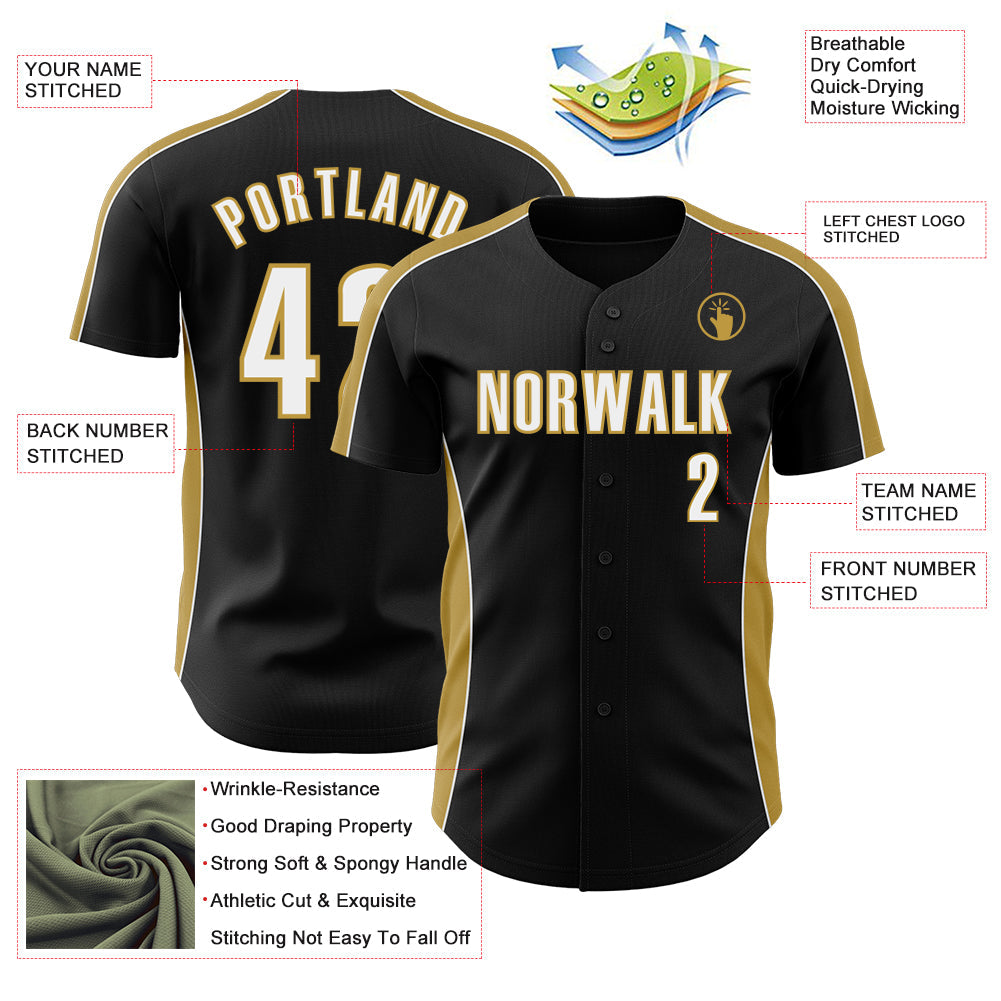 Custom Black White-Old Gold Classic Color Block Side Panel Stripe Authentic Baseball Jersey