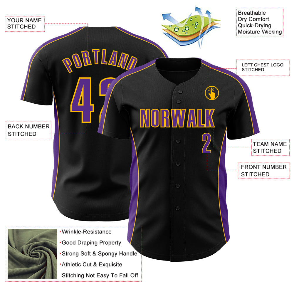 Custom Black Purple-Gold Classic Color Block Side Panel Stripe Authentic Baseball Jersey