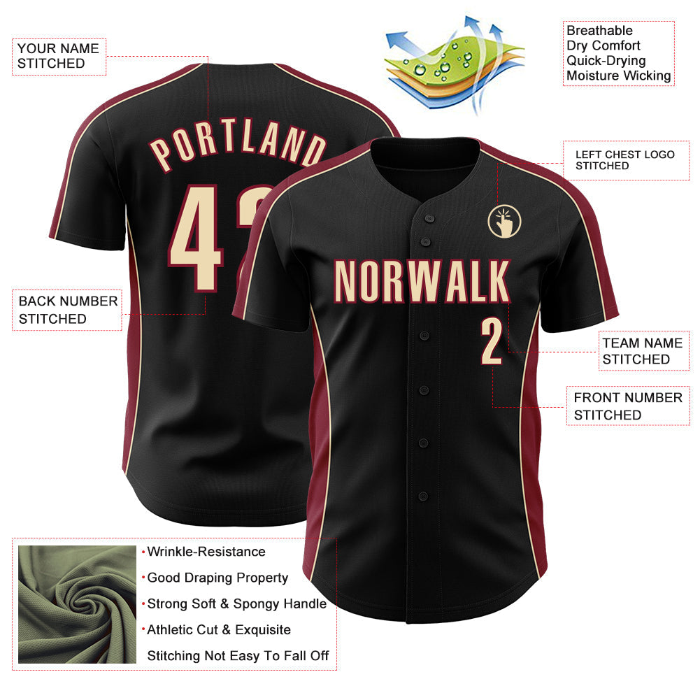 Custom Black Cream-Crimson Classic Color Block Side Panel Stripe Authentic Baseball Jersey