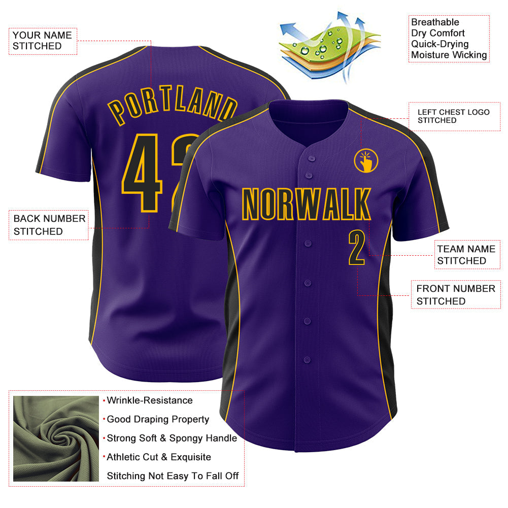 Custom Purple Black-Gold Classic Color Block Side Panel Stripe Authentic Baseball Jersey