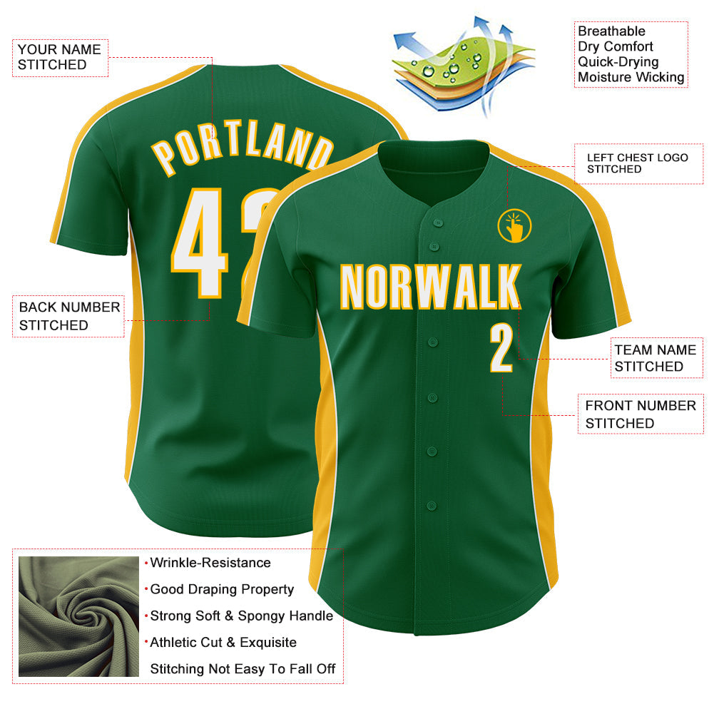 Custom Kelly Green White-Gold Classic Color Block Side Panel Stripe Authentic Baseball Jersey