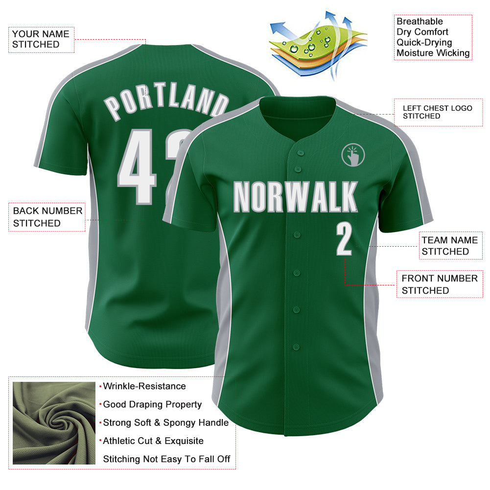 Custom Kelly Green White-Gray Classic Color Block Side Panel Stripe Authentic Baseball Jersey
