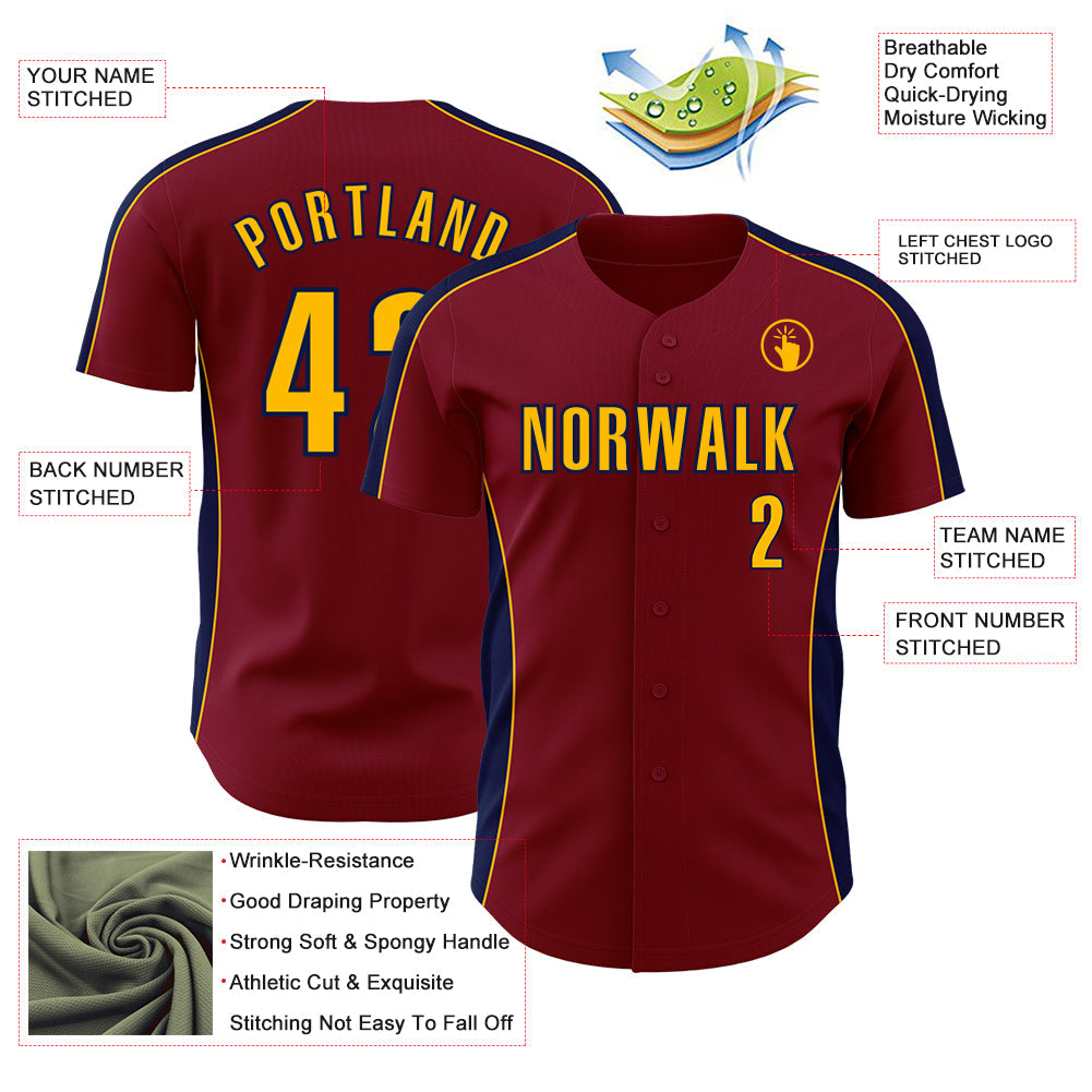 Custom Crimson Gold-Navy Classic Color Block Side Panel Stripe Authentic Baseball Jersey