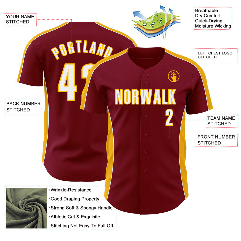 Custom Crimson White-Gold Classic Color Block Side Panel Stripe Authentic Baseball Jersey