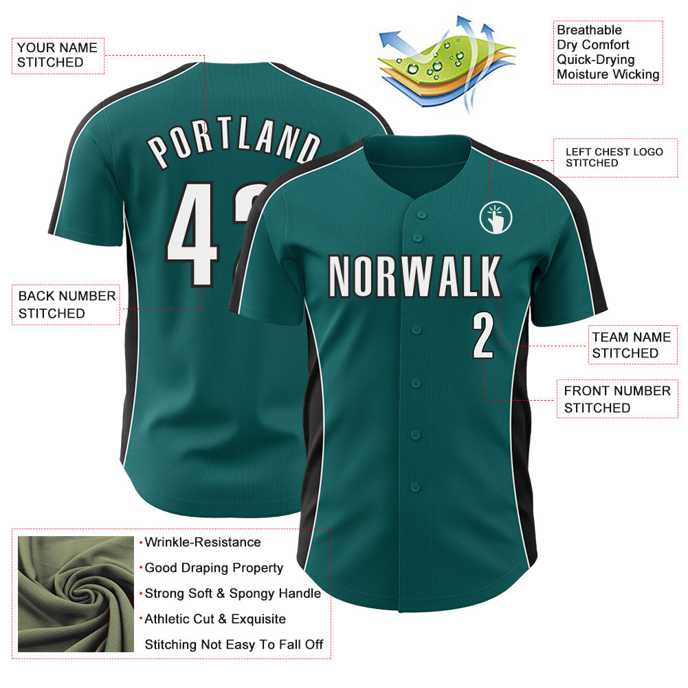 Custom Teal White-Black Classic Color Block Side Panel Stripe Authentic Baseball Jersey