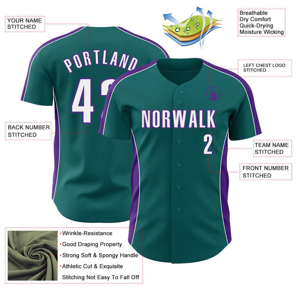 Custom Teal White-Purple Classic Color Block Side Panel Stripe Authentic Baseball Jersey