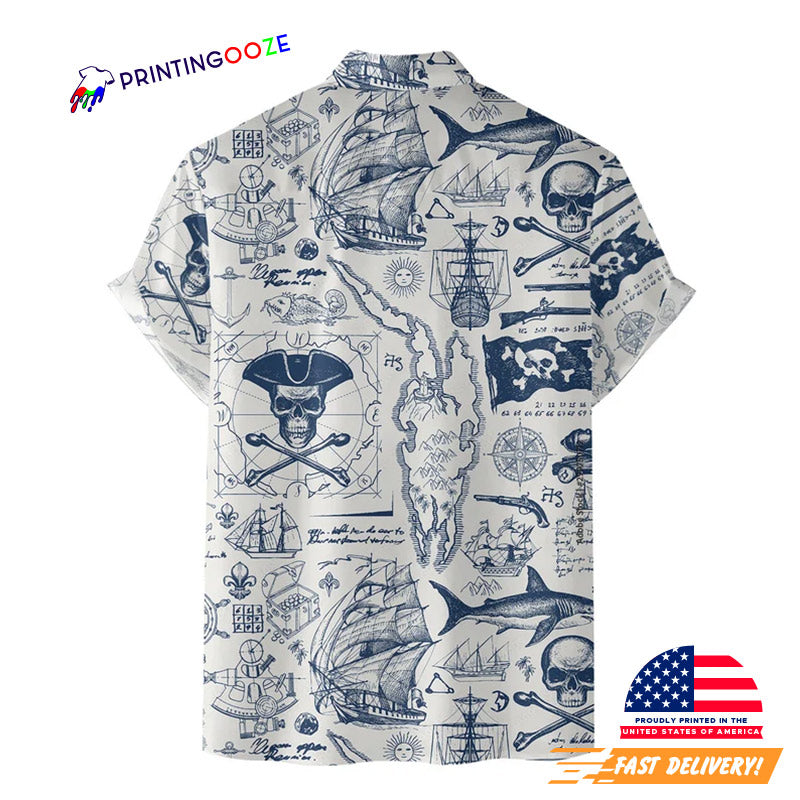 Pirate Skull Hawaiian Shirts for Men Women, Vintage Pirate Treasure Map Shirt