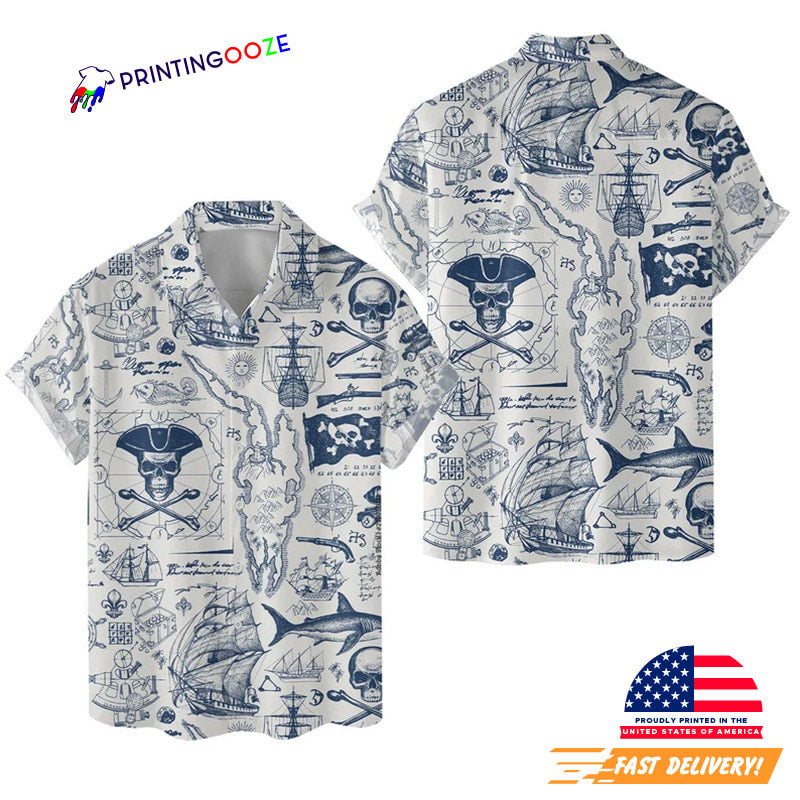 Pirate Skull Hawaiian Shirts for Men Women, Vintage Pirate Treasure Map Shirt