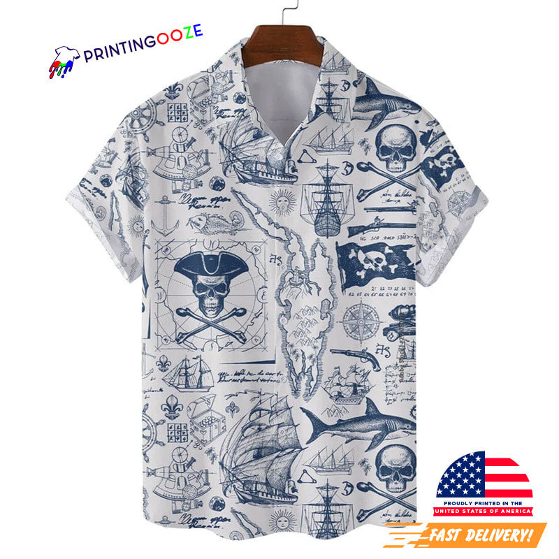 Pirate Skull Hawaiian Shirts for Men Women, Vintage Pirate Treasure Map Shirt