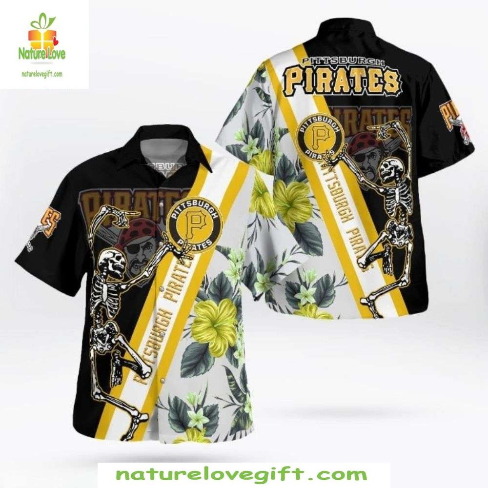 Pittsburgh Pirates Hawaiian Shirt Black Gold Skeleton Batter Aloha Shirt