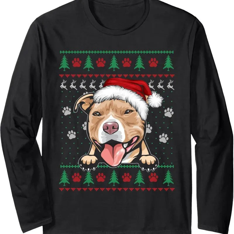 Pitbull Christmas Ugly Sweater Funny Pit Bull Lover Long Sleeve T-Shirt