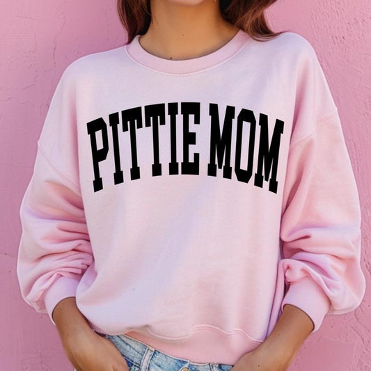 Pitbull Mom Varsity Sweatshirt, Trendy, College Font, Cute, Dog Mama, Crewneck T-Shirts, Hoodie | InkThreadWorks.com