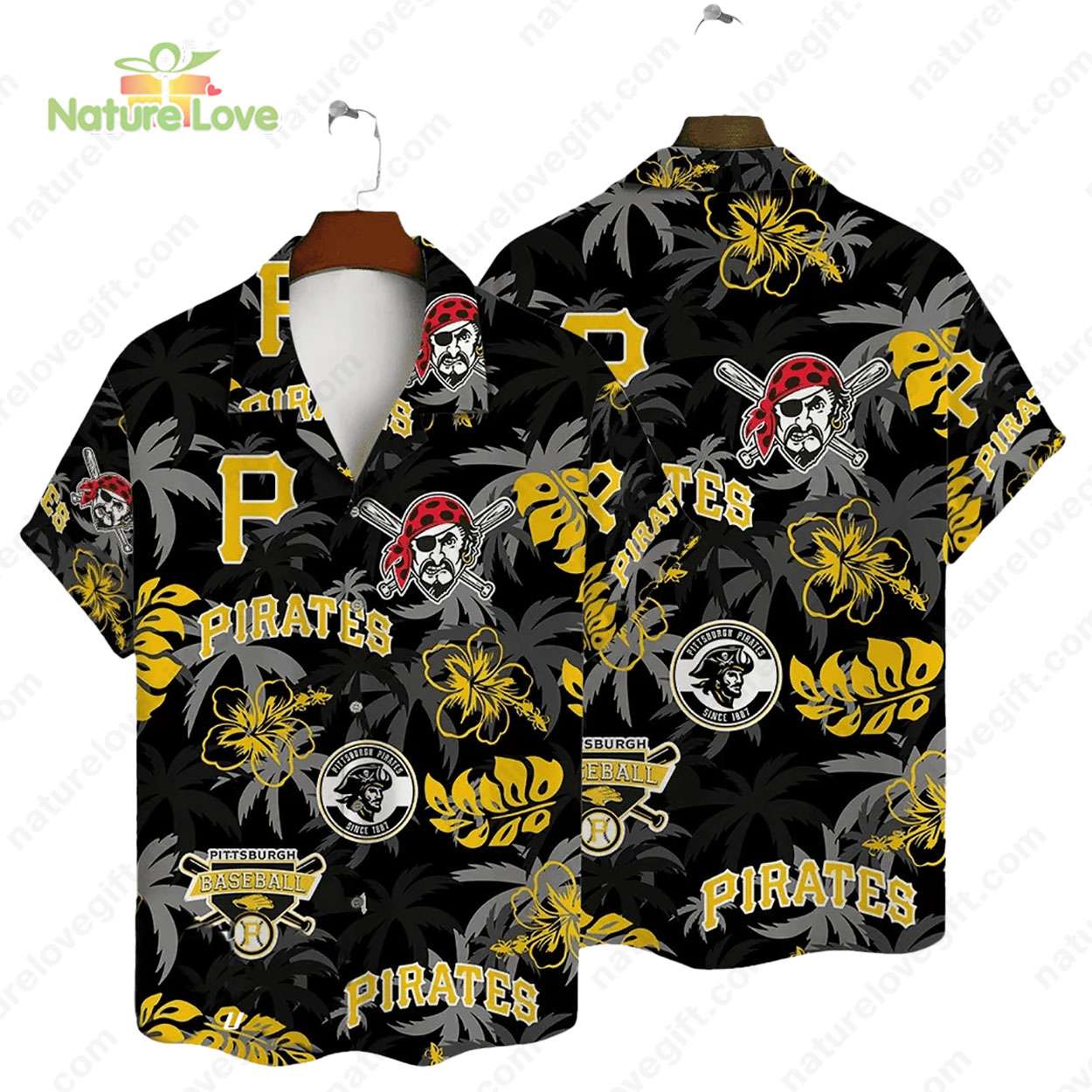 Pittsburgh Pirates Tropical Palm Hibiscus MLB Black Hawaiian Shirt