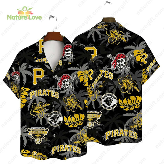 Pittsburgh Pirates Tropical Palm Hibiscus MLB Black Hawaiian Shirt