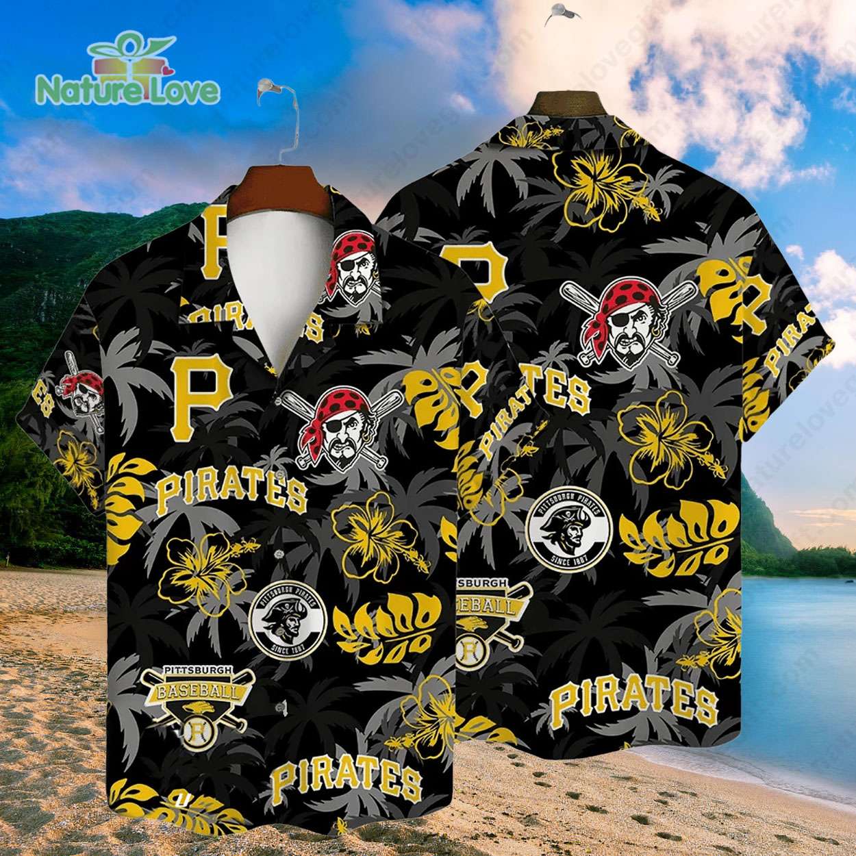 Pittsburgh Pirates Tropical Palm Hibiscus MLB Black Hawaiian Shirt