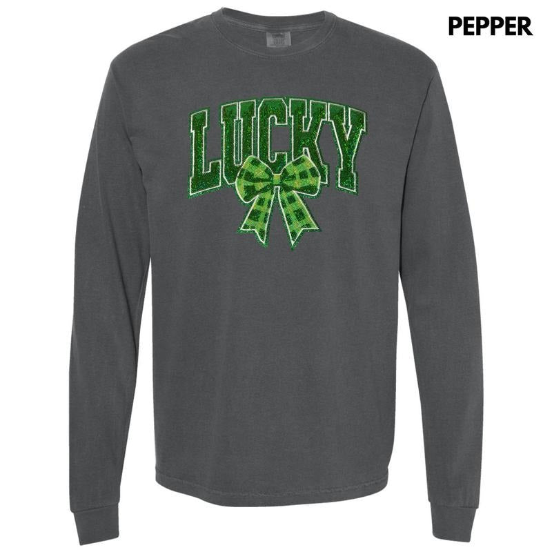 Plaid Lucky Bow Sequin Patch Long Sleeve Comfort Colors T-Shirt Hoodie, Sweatshirt | InkThreadWorks.com