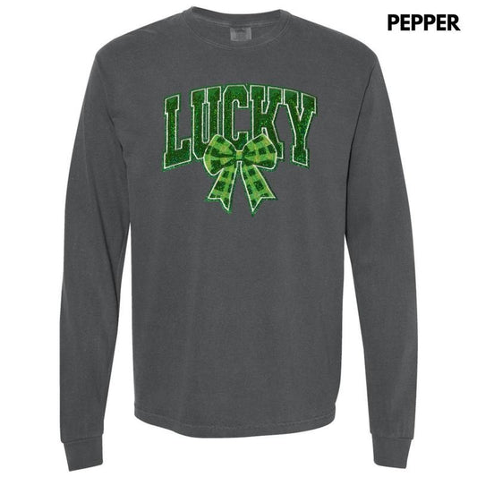 Plaid Lucky Bow Sequin Patch Long Sleeve Comfort Colors T-Shirt Hoodie, Sweatshirt | InkThreadWorks.com