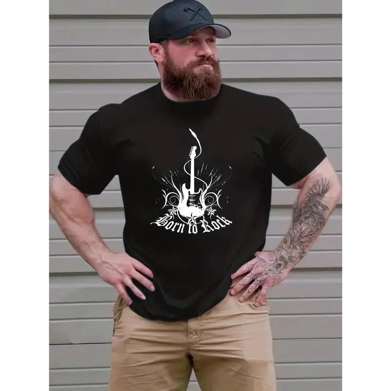 Plus Size Men's Fashion Guitar Graphic T-shirt, Comfy Elastic Tees For Summer, Men's Clothing Made in USA