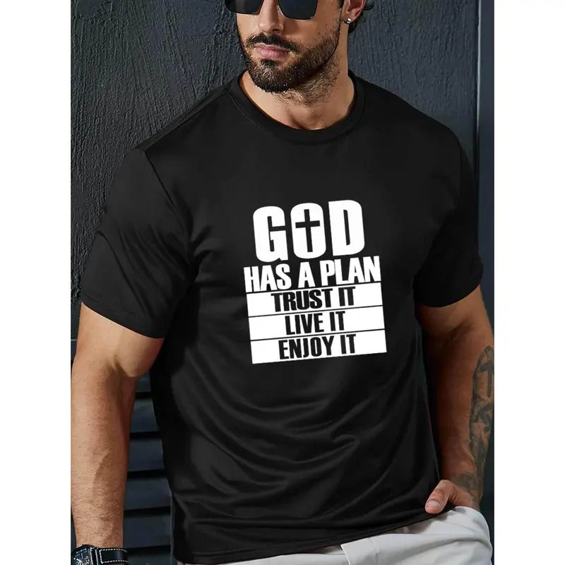 Plus Size Men's God Has A Plan Graphic Print T-shirt, Casual Short Sleeve Crew Neck Tee For Outdoor, Men's Clothing Made in USA