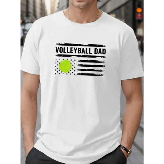 Plus Size Men's Trendy VOLLEYBALL DAD Letter Print T-Shirt, Breathable Comfy Casual Short Sleeve Top For Big & Tall...