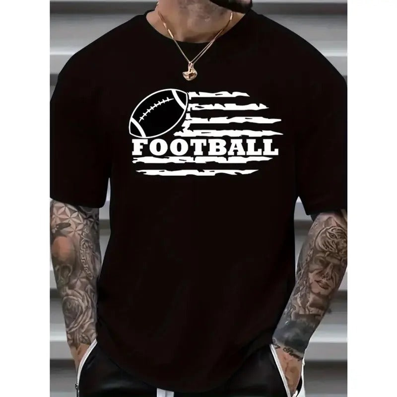 Plus Size Tee, 'Football' Graphic Men's Casual T-Shirt Short Sleeve Versatile Loose Summer Tops For Street Daily Made in USA